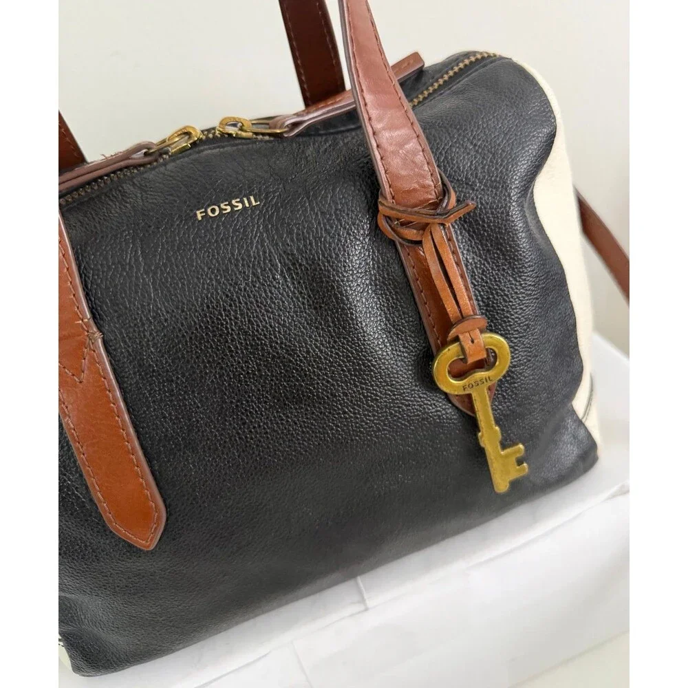 Fossil Sydney Satchel Black/White Brass Leather Crossbody Bag & Wallet